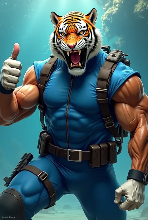 (A rugged beefy extremely muscular bulky old man), (wearing blue zipper wetsuit), (wearing realistic roaring tiger mask), thumbs up pose,  wearing bulky scuba gear, muscular physique, toned muscles, fierce, heroic, action, comic artstyle, bulky best qualit...