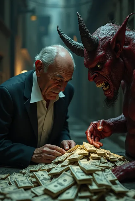 realistic image, 4K, man taking a lot of money from the devil