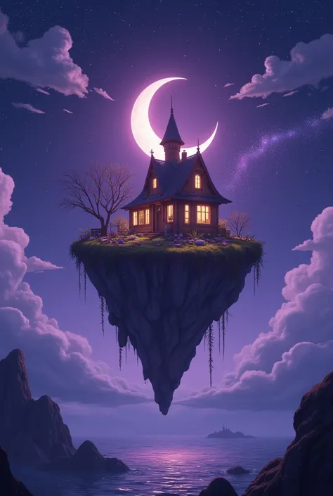 A floating island with a cozy house, surrounded by stars and a crescent moon, in a magical Monopoly Harry Potter style with dreamy purples and blues.