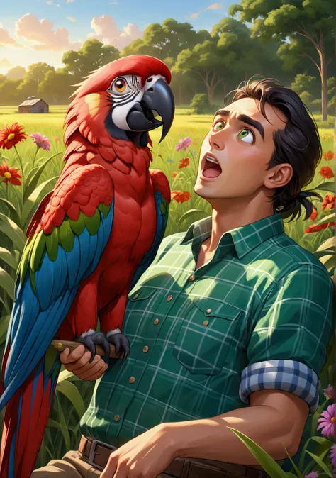 **Prompt:**  
"A highly detailed 8K resolution close-up cartoon-style image of a vibrant macaw parrot with striking green, red, and blue feathers perched on the shoulder of a surprised adult farmer. The farmer, wearing a plaid shirt, looks astonished with ...