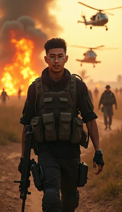  a young Indonesian man of 20 years old with a thin body saw his handsome face in a black army costume complete with a bulletproof vest and shof guns The man was carrying shof guns in the battlefield in the savannah.and seen tanks and jeeps on fire The hel...