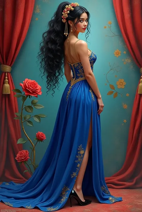 This is a digital painting in a highly detailed, hyper-realistic style, she dons a royal blue dress with intricate golden embroidery, paired with glossy black shoes that reflect a sophisticated charm. Her jet-black hair is tied back in a sleek high ponytai...