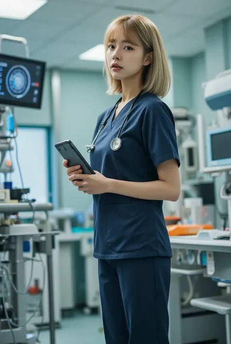 A young Japanese female doctor, around 30 years old, with shoulder-length golden blonde hair, a fit and curvy figure, wearing a clean and professional dark blue scrub suit. She is in a busy emergency room filled with medical equipment and an intense atmosp...