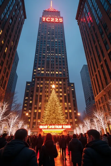  View from the bottom up from Fifth Avenue to Trump Tower::  you can see a sign above the entrance : Trump Tower:: Christmas Eve:: lots of decorations:: many people:: lots of lights and festive lighting ::  CHRISTMAS TREE::  a large sign on top of the skys...