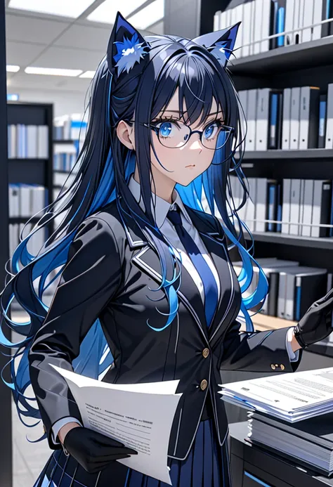 8K Ultra High-Quality, ultra-detailed, High quality, dark blue hair, Blue inner layer hair blue eyes, long hair, Cat ears, gloves, glasses, Black Jacket, skirt, confused expression, holding a piece of paper, close up, side view, full body, looking away fro...