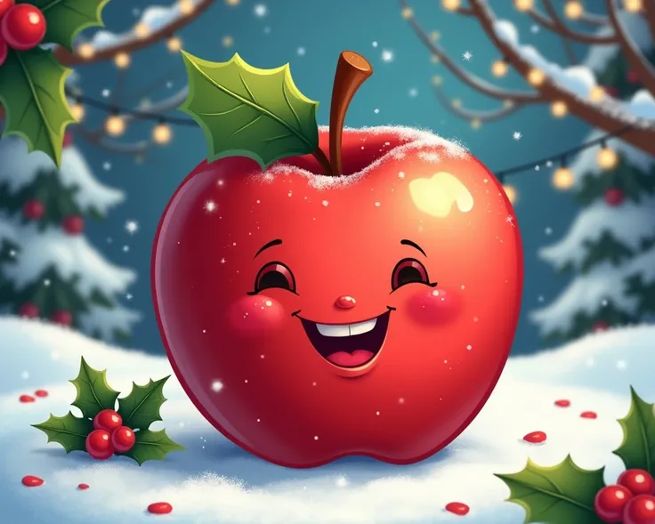 Cartoon cheerful Christmas holiday red apple fruit