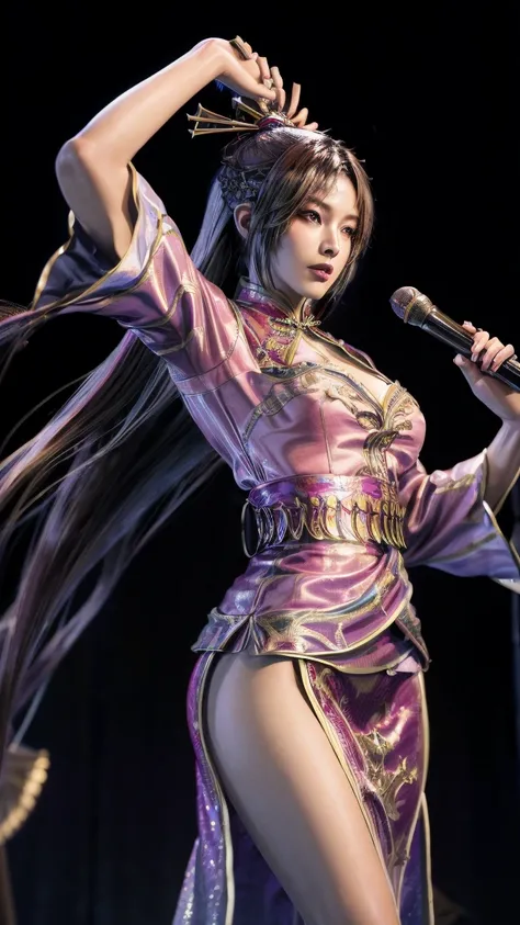   High Resolution  ,   high detail,   High Quality  ，reality，Now，night， concert， Shiny stage ， singer，A Chinese female student ， from the Three Kingdoms period womens mink，Bangs, long hair,jewelry，  wearing a bright performance costume ，Spotlight 