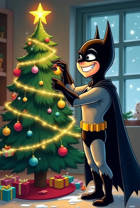 Batman from the cartoon with a smile 
 decorates a christmas tree