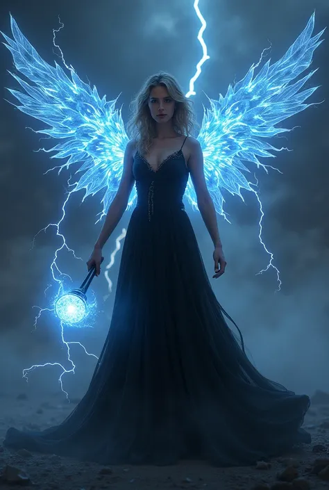 Night view hottest  and beautiful princess black dress with lighting wings like electric she is putting hand a electric hammer and his produced electricity 