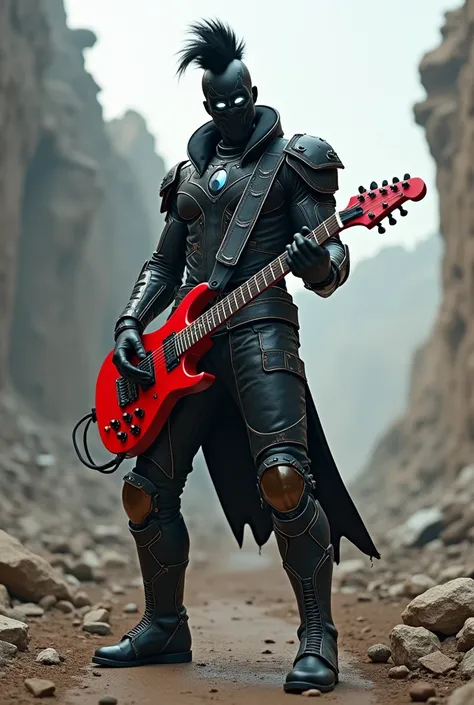 man wearing futuristic rocker style armor with black mask and white eyes mohawk hair carrying red rock guitar on destroyed stage