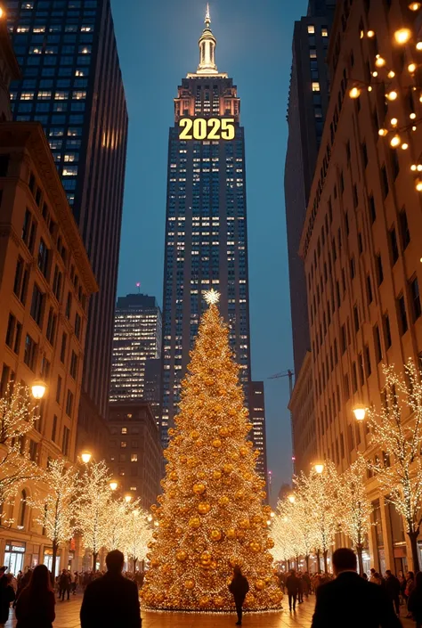  Bottom view from Fifth Avenue to Trump Tower::  lots of lights and festive lighting ::  Christmas tree with golden balls ,  decorations and garlands ::  large gold lettering on top of a skyscraper : 2025 