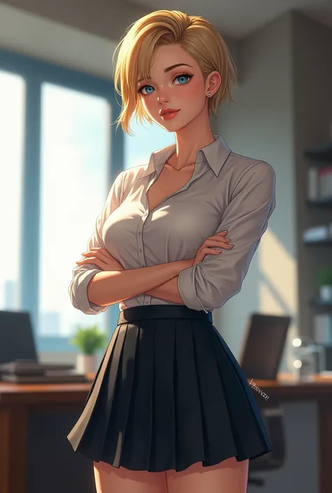 

" A beautiful young woman with striking features ,  short blonde hair with an undercut cut ,  wearing a semitransparent white blouse and a dark pleated skirt . has piercing blue eyes,  a confident but slightly curious expression , and an eyebrow piercing...