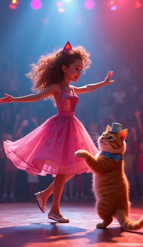 “A   with curly hair, wearing a shiny pink dress, dancing happily next to a long-haired orange cat. The cat is standing on its hind legs, wearing a small hat and blue bow tie. The stage has colored lights flashing, with an audience in the background applau...