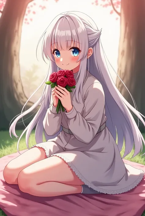 Anime girl sitting on a blanket with roses in her hands, White-haired goddess,  beautiful anime girl is crouching,   anime girl with a big butt  , Gwaiz, Gwaiz on pixiv artstation, Gwaiz on artstation pixiv, Anime Goddess, Best anime 4K konachan wallpaper ...