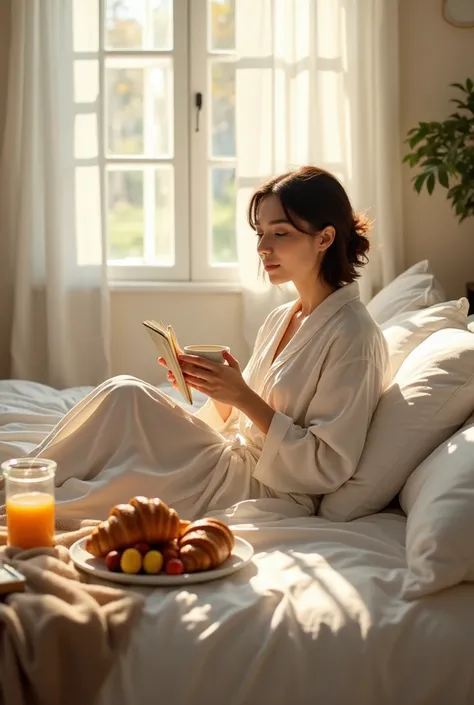 Scene Description:
Morning, soft sunlight streaming through the window. The whole room is bathed in warm, subdued light, creating a cozy and peaceful atmosphere. In the center of the frame is a large bed with white, crisp linens, surrounded by pillows and ...