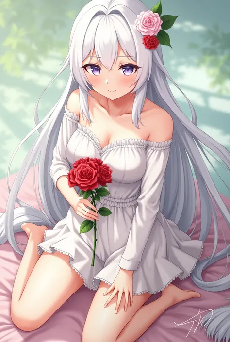 Anime girl sitting on a blanket with roses in her hands, Anime picture by Shi Tao ,  pixib, Neoism, White-haired goddess,  beautiful anime girl is crouching,   anime girl with a big butt  , Gwaiz, Gwaiz on  pixib artstation, Gwaiz on artstation  pixib, Ani...