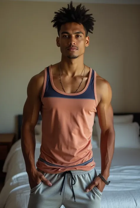 Create an image of a 26-year-old Latino man, athletic body, prominent shoulders and biceps, wearing a multi-colored tank top and sweatpants, very very short black hair, light brown skin tone, posing for the camera in the bedroom
