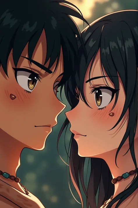 Tribal couple_no beard short haired man_mid hair woman_anime_close up frontal face_eyes