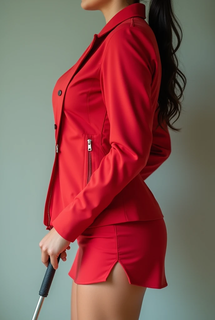  high definition ,  Closeup , Female professional golfer、 Big Breasts 、The jacket is bright red golf wear 、 The bottom is a mini skirt 20 cm above the knee with a slit 、 very thick thighs 、Sexy Japanese、 look at this side to measure the distance to the cup