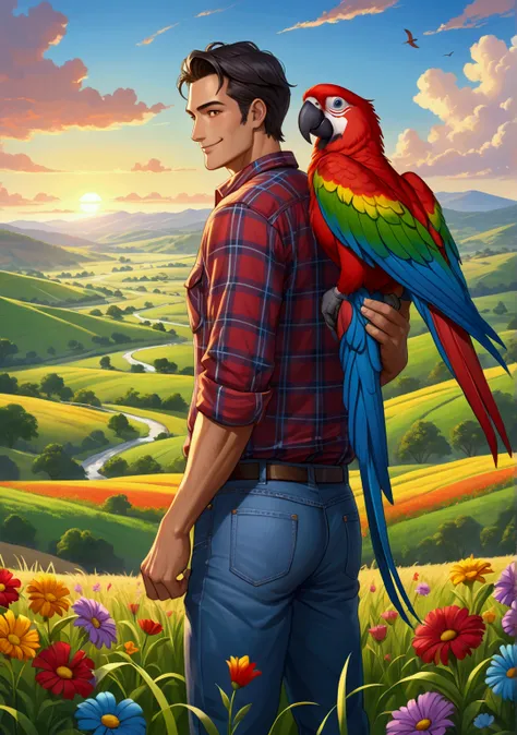 **Prompt:**  
"A highly detailed 8K resolution cartoon-style image of a vibrant macaw parrot with green, red, and blue feathers perched on the shoulder of a kind adult farmer in an open field. The farmer, dressed in a plaid shirt and jeans, stands with a g...