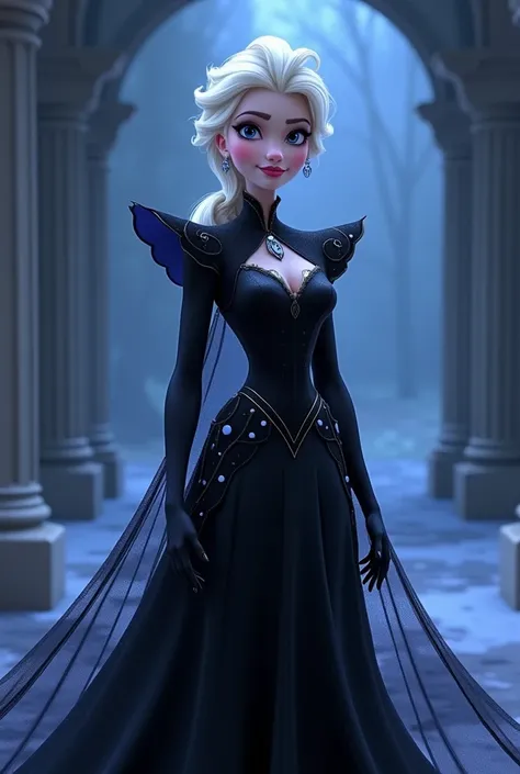 Disney princess Elsa reimagined as an evil villain in disney animated style. Make it the same as Elsa, but just give her a makeover of a villain in disney animated style. Keep the face the same as the original Elsa.  Her dress is similar to her original dr...