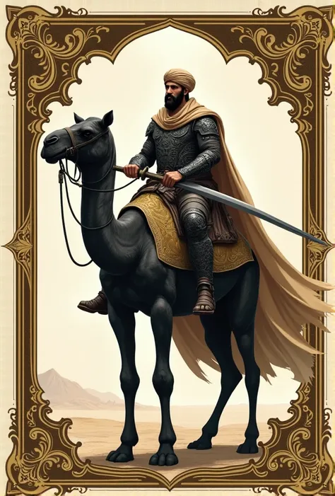 Strong man straddling a camel 、 holding a curved sword 。 black arabian armor with elaborate reliefs。 beige turban and cape 。Illustration on a card framed with gold arabesque