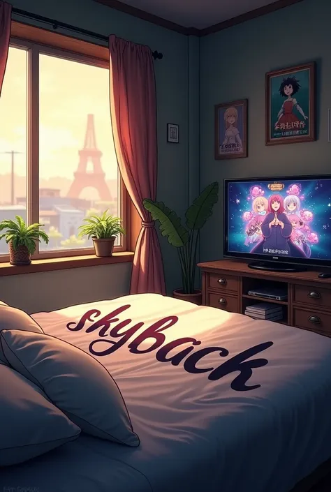 A room with a bed written SKYBLACK with a television showing animes