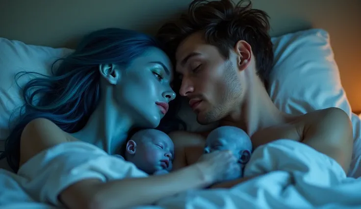 a alien blue sexy girl with long hair in black dress and human young handsome man with their 20 cute blue babies. in bedroom and close picture