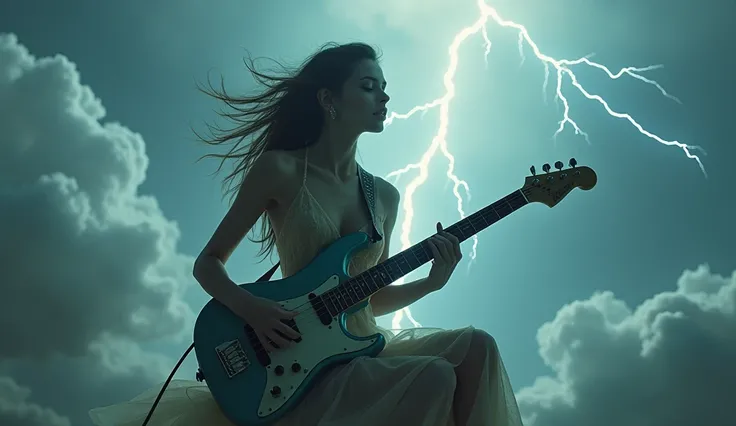 Create an art. A sexy woman singing and playing an old electric guitar on top of a gray cloud, emitting lightning waves through the notes  