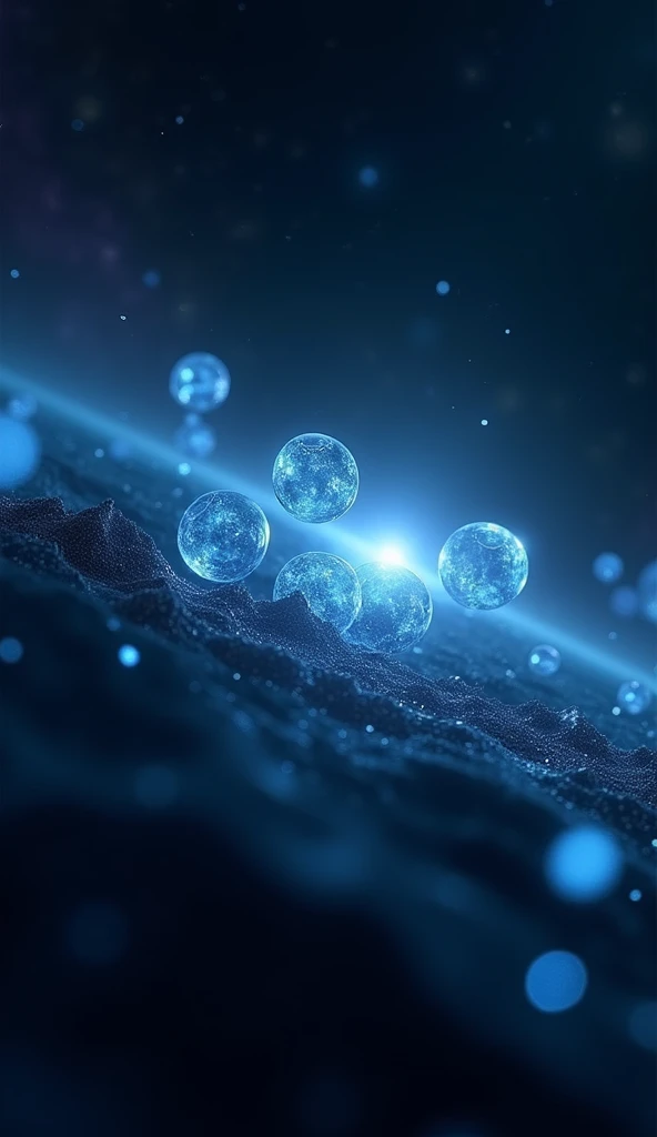 A microscopic visualization of water vapor molecules floating in space. The molecules are shown as tiny H2O structures glowing faintly blue against a dark background. In the distance, the quasar emits light, hinting at the scale of the cosmic phenomenon.