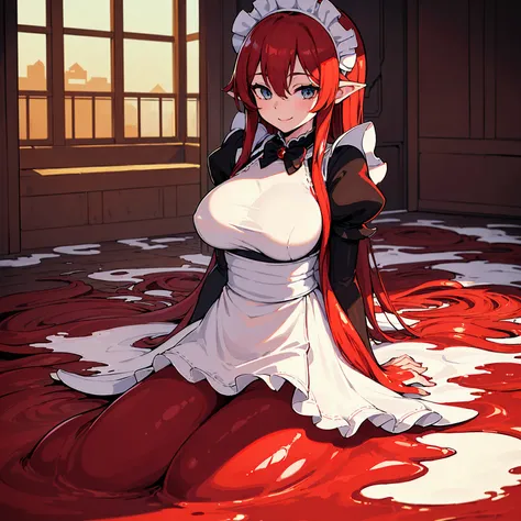 ((masterpiece,best quality,ultra-delicate,Perfect Face,detailed eyes,16k,high resolution,very beautiful girl)),((red slime body ,Best Anime,melting body)),sharpnes,clear,The Art of Phenomenal Depictions,melting red long hair,(1 girl),large breasts,(Maid co...