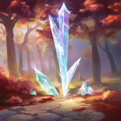 (Sharp and clear Ultra HD image, high quality and highly detailed details) depicting a forest of (((shard formation))), resembling delicate, translucent glass or crystal, which reflects a soft, crimson glow. The formations seem to grow like trees in a line...