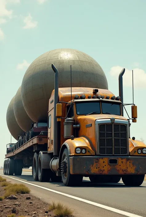 Picture of a long truck carrying Hummer balls 