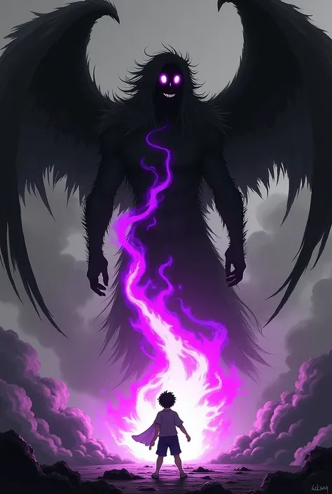 Colourless 2d drawing A boy fighting a fallen angel using purple magic