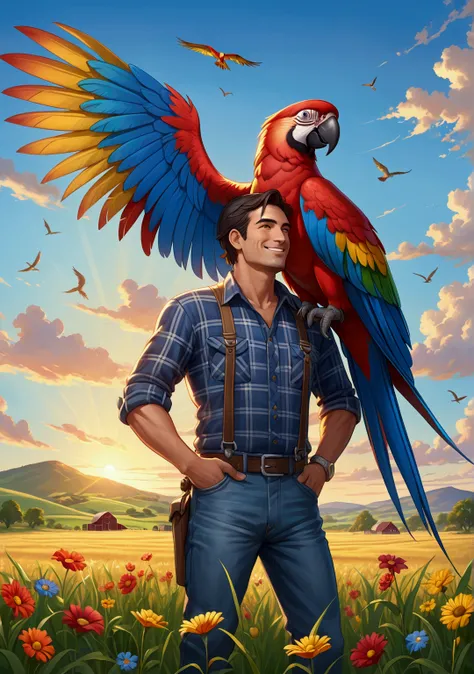 **Prompt:**  
"A highly detailed 8K resolution cartoon-style image of a vibrant macaw parrot with green, red, and blue feathers perched on the shoulder of a kind adult farmer in an open field. The farmer, dressed in a plaid shirt and jeans, stands with a g...