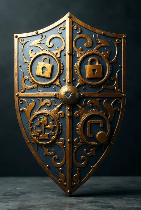 Center Image： The shield looks strong in light and shadow ，盾牌上刻有四种 leak 的图案， pattern using the gold and silver tone ， indicates prohibition and protection 。
 leak ： uses the pattern on the shield ， The pattern on the shield is frozen 、 the mouse cursor is ...