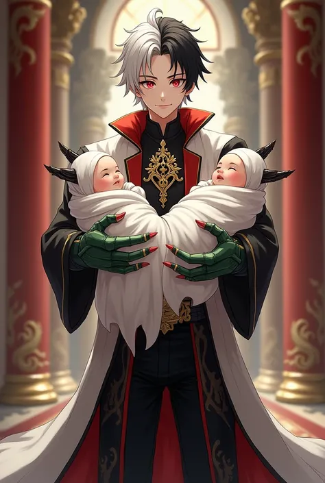 
 Handsome young man .dragon race . red eyes and black pupils .  smooth white skin. black hair and a little white color . noble clothes in black red and gold .wearing a long robe with a red dragon ornament and a hint of gold. black royal pants and black lo...