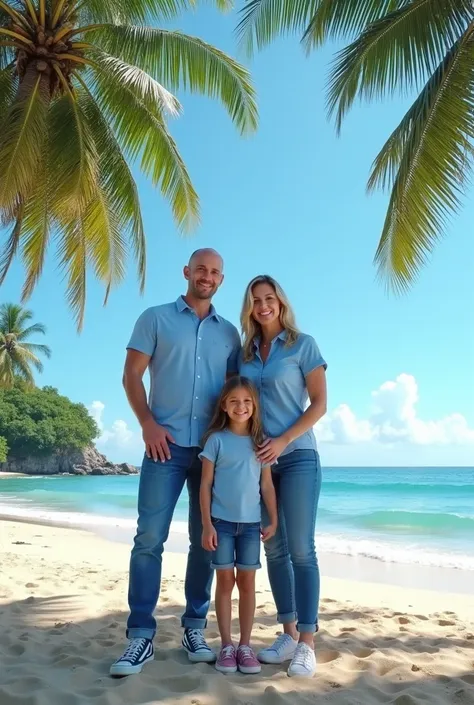 Beautiful young married couple sweet smile from Indonesia wearing blue shirt blue jeans ,  sneakers handsome young man little bald hair and one beautiful daughter  are standing together while stylish on the beach wide sand blue waves Sawung beautiful beach...