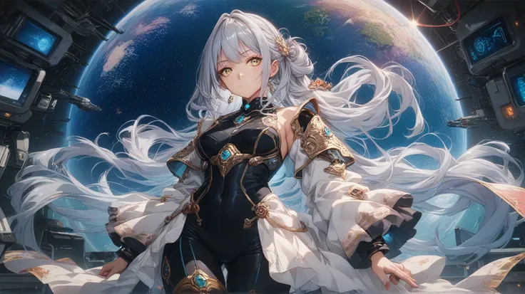 Long view shot straight to view of a mysterious anime girl with chin-length silver hair and bright gold eyes, dressed in a dark, black and silver space suit with intricate reflective shoulder plates and elegant geometric patterns. She stands with her hands...