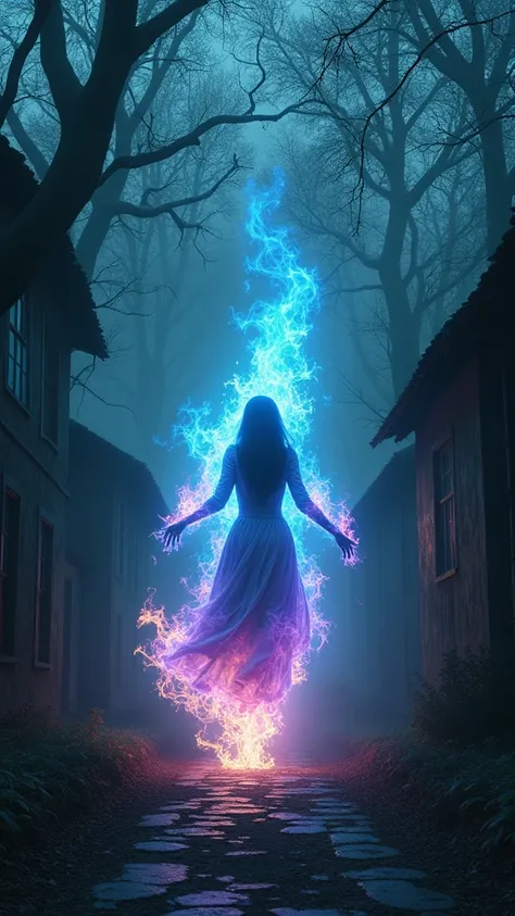 (a creepy female ghostly figures made of blue fire, purple fire, and green fire is walking in a dark village in the middle of a dark forest),(dynamic movement,long exposure,extravagant fire burning bright,contrasting fire lights and village background),(hy...