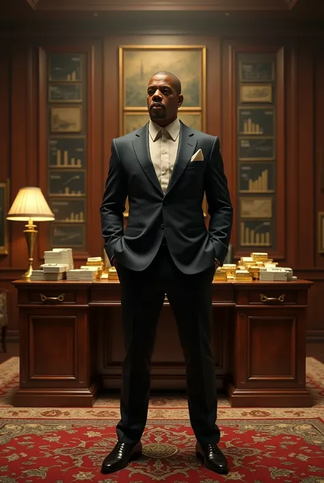 A scene showing Jay-Z in a high-end office surrounded by financial charts, gold bars, and cash.