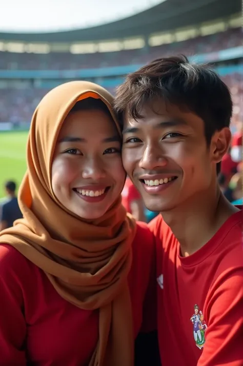 A ultra HD realistic photo of an Indonesian couple sitting in the stadiums grandstand seats. The beautiful woman is wearing a hijab and a red t-shirt. The couple is smiling sweetly and staring at the camera. The atmosphere inside the stadium has the backgr...