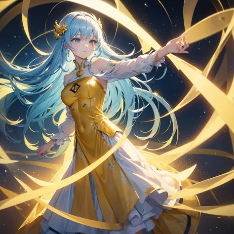  A celestial image of a beautiful girl dressed in flowing yellow ,  surrounded by floating Bitcoin symbols and digital streams of light.  merges with a holographic data stream and blockchain code, and ,  in a mysterious atmosphere , With a calm expression,...