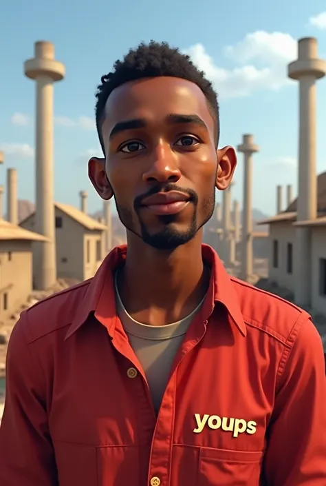 Jeune homme malgache comme un français. Il a des traits marqués, une petite barbe sous le menton. Ses lèvres sont assez épaisses, ses yeux légèrement petits, et sa peau blanc claire mais pas noir. Il travaille sur un chantier et porte un vêtement rouge ave...