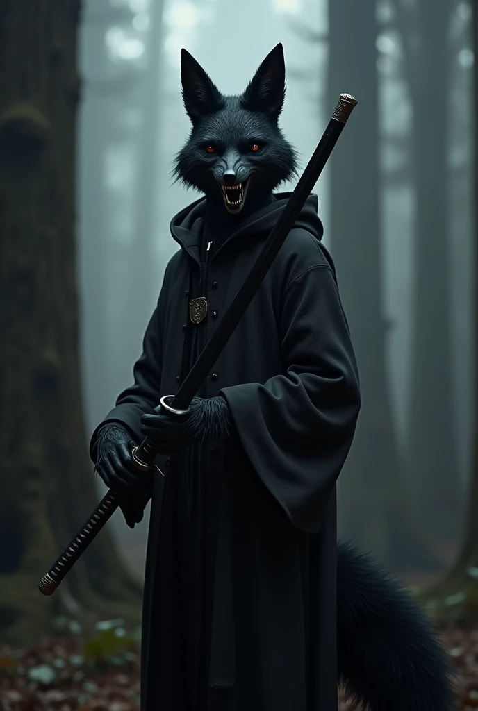 Black humanoid fox ,  black clothes ,  katana totally black, black hood,1,60 tall , sharp teeth,  creepy appearance ,Does it have black hair , has fox features, black eyes , dark forest background,Theres a shadow behind him,  teeth showing ,fox tail,Theres...