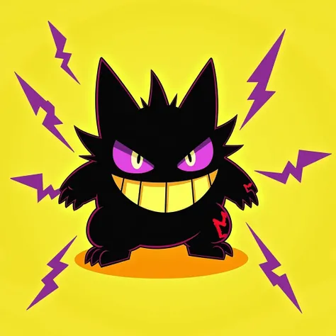 A stylized, cartoonish depiction of a Pokémon, likely Gengar. The Pokémon is centrally positioned on a bright, almost neon yellow background. Its a dark, almost black color, with exaggerated features, including large, glowing purple eyes and a wide, toothy...