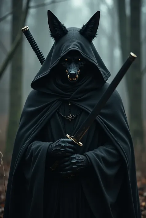 Black humanoid fox ,  black clothes ,  katana totally black, black hood,1,60 tall , sharp teeth,  creepy appearance ,Does it have black hair , has fox features, black eyes , dark forest background,Theres a shadow behind him,  teeth showing ,fox tail, fanta...