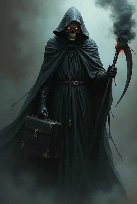 gloomy epic death figure ,  wrapped in an old wide black cloak with a hood,  skull under the hood , burning eyes,  holding a black leather briefcase , in the other hand there is black smoke in the form of a shaft and a scythe blade ,  three-dimensional ,  ...