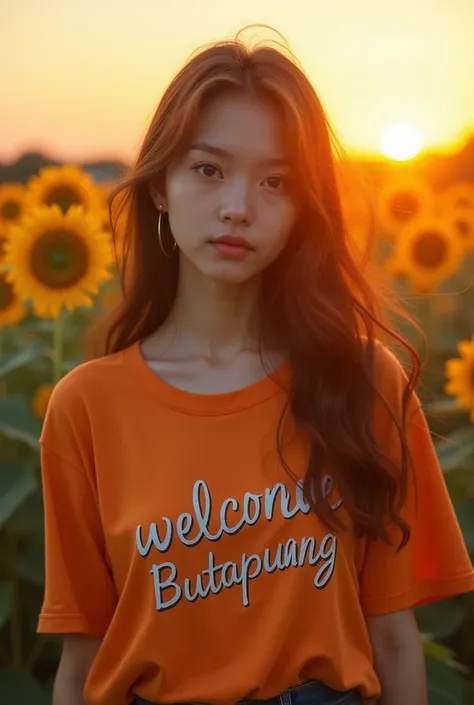  Asian girl with round face, Looking straight at the audience, with a skin like a glazed tile,Red Cheeks ,With a 36-inch bust , กล้ามเนื้อหน้าท้องแข็งแรง, Long hair,Long hairเป็นพิเศษ 2 เมตร,In an orange floaty waist drop shirt with graphic print"welcome B...