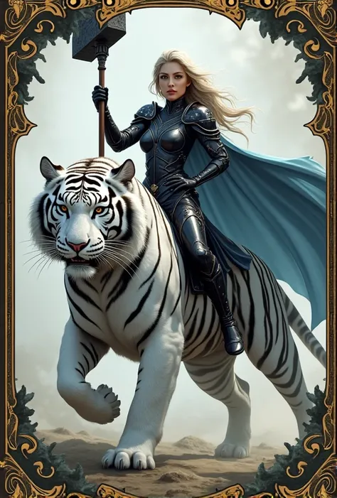 Beautiful woman straddling a white tiger 、 holding a battle hammer 。 black glowing bikini armor with elaborate relief。Blue-gray cloak 。Illustration on a card framed with gold arabesque